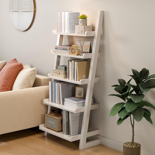 AQIMUELE White Wooden Ladder Shelf with Edges, 5-Tier Modern Leaning Bookshelf Ladder – Stylish Space-Saving Bookcase for Living Room, Bedroom & Home Office - color: White, size: 5-Tier