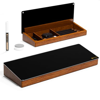 Desktop Black Glass Dry Erase Board with Wood Organizers for Small Office Supplies, Desk Whiteboard with Drawer for Home Office Cubicle, Accessories Included, Yeoux | Build With Soild Walnut Wood & Tempered Glass, Small Office Supplies Storage, For Home a