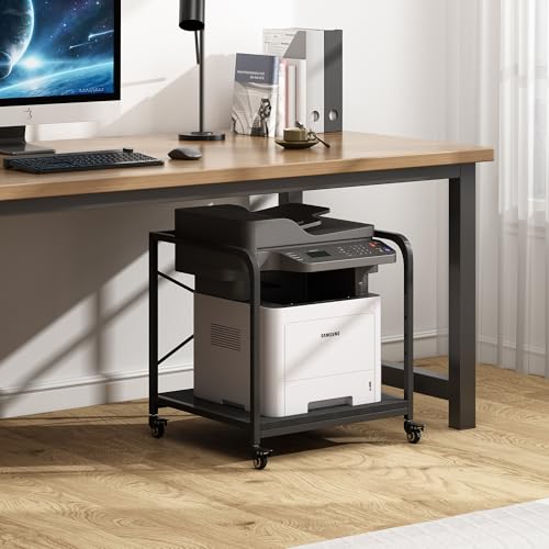 Fannova 2 Tier Under Desk Printer Stand with Storage, 20 Inches Deep Large Printer Table with Height Adjustable Shelf, Rolling Printer Cart with Wheels for Home Office - Black | Large Table Top 20"x20" for 3D/Laser Printer, Heavy Duty Industrial Wheels, R