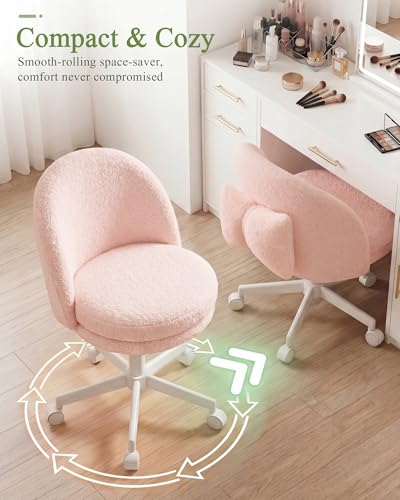 GTPOFFICE Vanity Chair with Back, Adjustable Tall Office Chair High Swivel Bar Stools Fluffy Cute Desk Chair Comfy with Wheels Bow Pillow Armlees for Adults Standing Desk Bar, Teddy Velvet, Pink - color: Tv-pink