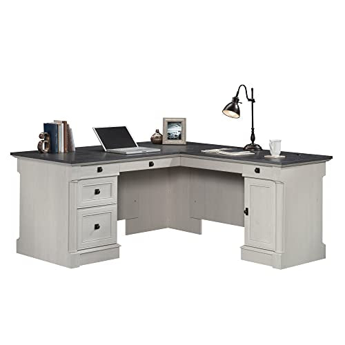 Sauder Palladia L Shaped Desk with Drawers, Office Desk with File Cabinet Storage, Cable Management, Keyboard Tray, in Glacier Oak Finish - color: Glacier Oak