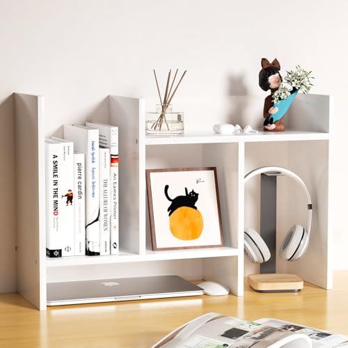 Desk Shelves Wood Desktop Orgnizer Shelf. Office Organization for Top of Desk Organizers and Accessories Bookshelf Shelving,Adjustable Tier H-Shape Mini Bookcase(White) - color: White