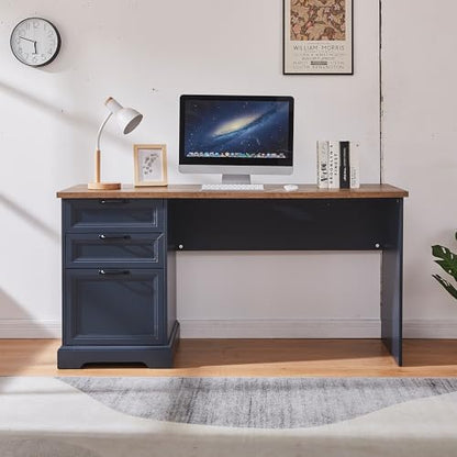 60" Professional Office Desk with Charging Station,Business Desk with 2 Drawers &1 File Cabinet,Farmhouse Executive Desk for Office and Home (Navy Blue) - color: Navy Blue