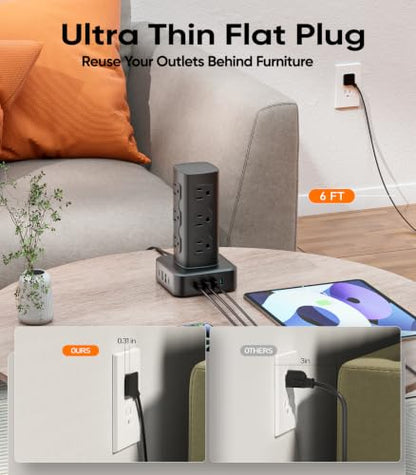 100W Charging Station, Acozvin Power Strip Tower with 12 AC Outlets 8 USB - size: 100W