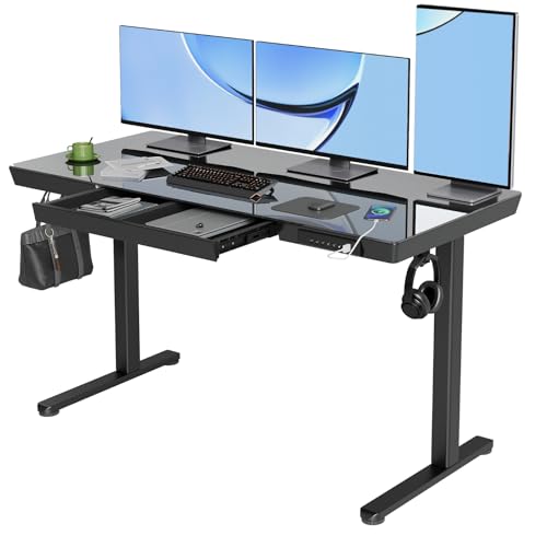 YDN Glass Standing Desk with Drawers, 55x24 Inch, Black | Quick Install, Whole-Piece Glass Top, USB ports and a Type-C port, Buil in Drawers, Writable Glass Top, 2 Hooks - color: Black, size: 55inch