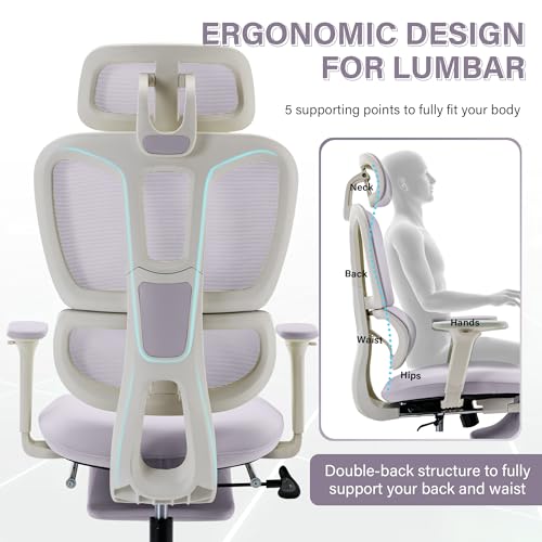 Ergonomic Office Chair with Retractable Footrest, Purple | High Back Design, Dynamic Lumbar Support, 2D Headrest & 2D Armrests, Breathable Mesh Back for Home Office - color: Purple