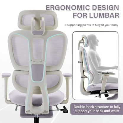 Ergonomic Office Chair with Retractable Footrest, Purple | High Back Design, Dynamic Lumbar Support, 2D Headrest & 2D Armrests, Breathable Mesh Back for Home Office - color: Purple