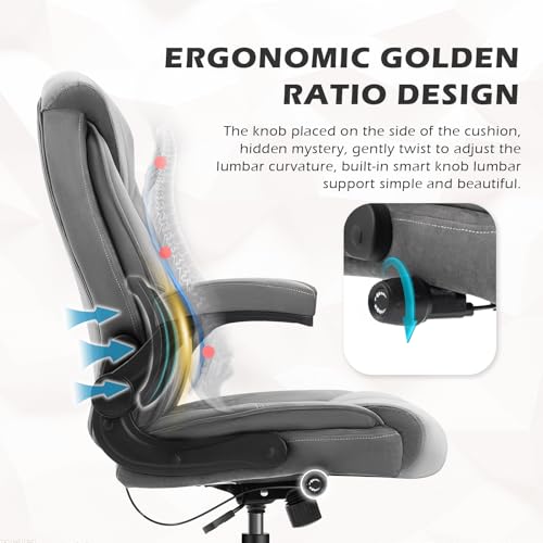 Executive Office Chair,Big and Tall Ergonomic Desk Chair with Adjustable Lumbar Support, Comfortable Computer Chair wih Flip-up Arms and Wheels, Gray - color: Gray Fabric