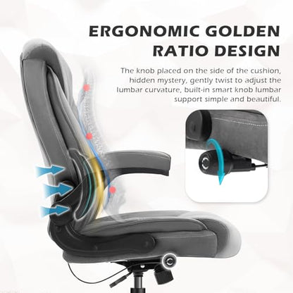 Executive Office Chair,Big and Tall Ergonomic Desk Chair with Adjustable Lumbar Support, Comfortable Computer Chair wih Flip-up Arms and Wheels, Gray - color: Gray Fabric