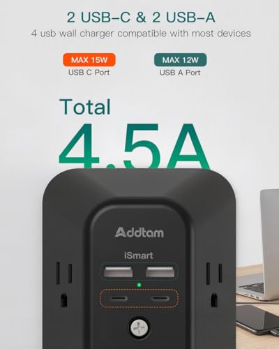 Addtam 5-Outlet Extender Surge Protector, Multi Plug Wall Outlet with 4 USB Wall Charger(2 USB C), Outlet Splitter Power Strip for Home Office Dorm Room Essentials, Plug Extension Outlet 1800J, Black - style: 2C2A No PD