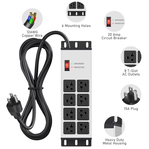 JUNNUJ Heavy Duty Surge Protector, 12 Gauge Extension Cord, Silver, 4 FT | Metal Wall Mount 8 Outlets Power Strip, High Amp Outlet Extender for Garage Industrial Shop, 4800J - color: Silver, size: 4 ft