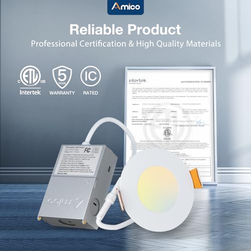 Amico 12 Pack 3 Inch LED Recessed Lighting, Canless Wafer Downlight, White | 5CCT 2700K-5000K, 5%-100% Dimmable, Ultra-thin, Metal housing, 500LM 7W 120V, IC & Damp Rated, ETL & FCC, 50000h Life Span - color: White, size: 3 Inch