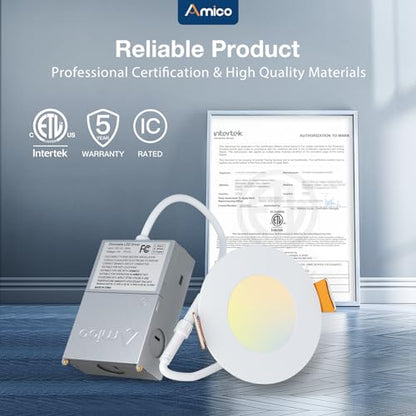 Amico 12 Pack 3 Inch LED Recessed Lighting, Canless Wafer Downlight, White | 5CCT 2700K-5000K, 5%-100% Dimmable, Ultra-thin, Metal housing, 500LM 7W 120V, IC & Damp Rated, ETL & FCC, 50000h Life Span - color: White, size: 3 Inch