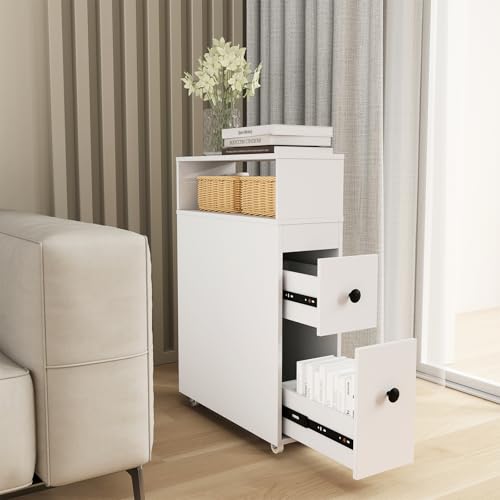 Tangkula Slim Bathroom Storage Cabinet, Movable Narrow Toilet Side Cabinet w/2 Slide Out Drawers, 2 Rattan Baskets & Shelves, Toilet Paper Holder on Wheels for Small Spaces