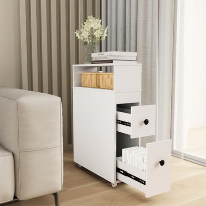 Tangkula Slim Bathroom Storage Cabinet, Movable Narrow Toilet Side Cabinet w/2 Slide Out Drawers, 2 Rattan Baskets & Shelves, Toilet Paper Holder on Wheels for Small Spaces