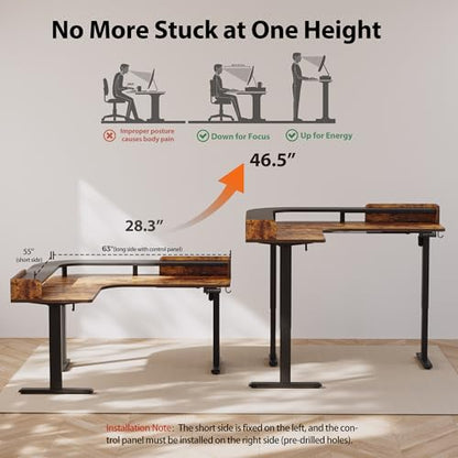 Agilestic L Shaped Standing Desk with Monitor Shelf, 63 Inch, Rustic Brown - color: Rustic Brown, size: 63 x 55 Inch with shelf