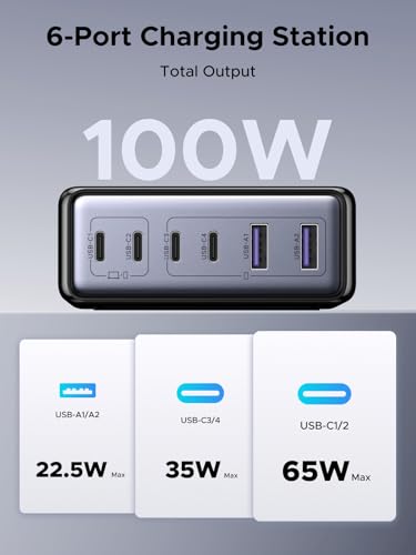 UGREEN 100W USB C Charging Station, 6-Port GaN Desktop Charger with 4 USB-C & 2 USB-A, Smart Power Distribution for MacBook Pro/Air, Dell XPS, iPad, iPhone 17/16/15, Galaxy S25/S24, Pixel 10/9