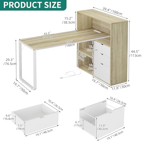 YITAHOME 55" L Shaped Corner Computer Desk with Drawers & Power, White Oak - color: White & Oak