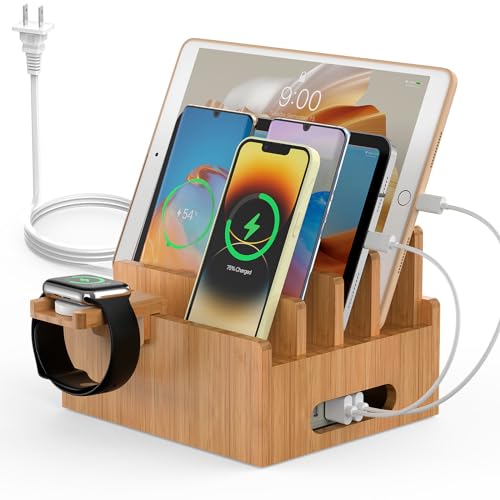 Pezin & Hulin Bamboo Charging Stations with 5 Port USB Charger & 5 Cables - color: Dock Rack +HUB +Cables