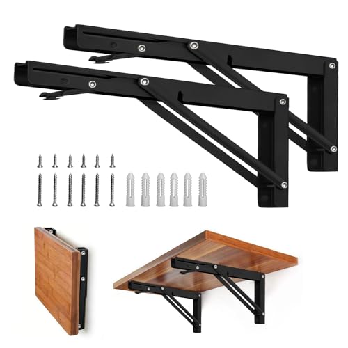Storystore Folding Shelf Brackets - 14 Inch Heavy Duty Metal Collapsible Shelf Bracket for Bench Table, Shelf Hinge Wall Mounted Space Saving DIY Bracket, Max Load: 150 lb 2 PCS (Black) - size: 14 Inch