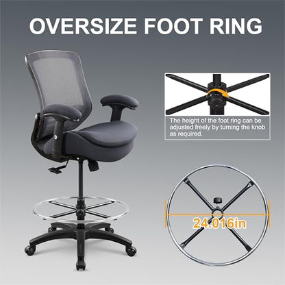 400lbs Office Drafting Chair Wide Dual Seat Cushion Height Adjustable Armrest for High Standing Desk with Lumbar Support and Enlarged Adjustable Footrest (Black Frame Gray Fabric) - color: Black Frame Gray Fabric
