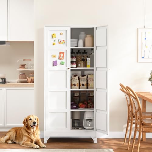 Metal Storage Cabinet with 2 Doors and 4 Adjustable Shelves,- 71" White Kitchen Pantry Storage Cabinet for Kitchen,Dining Room,Living Room - color: White, size: 71"- 4 Adjustable Shelves-A