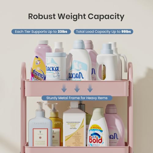 DUMOS 4 Tiers Rolling Utility Cart, Storage Organizer, Shelving Unit | Metal, Lockable Wheels, Mobile, Kitchen, Bathroom, Laundry, Narrow Places, Pink - color: 4-tier Cute Pink