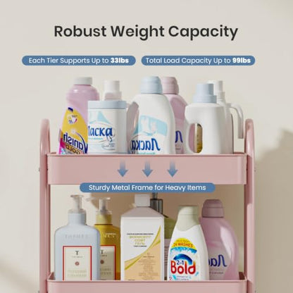 DUMOS 4 Tiers Rolling Utility Cart, Storage Organizer, Shelving Unit | Metal, Lockable Wheels, Mobile, Kitchen, Bathroom, Laundry, Narrow Places, Pink - color: 4-tier Cute Pink