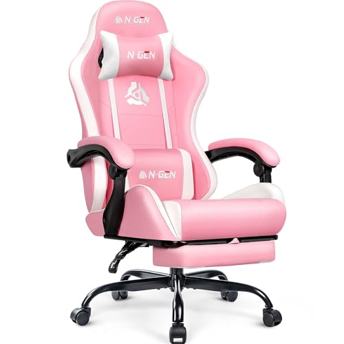 N-GEN GAMING Gaming Chair with Footrest, Lumbar Support, High-Back, Pink | Reclining Backrest, Linkage Armrests, Durable PU Leather, Adjustable Comfort for Extended Computer, Desk, or Home Office Use - color: Pink