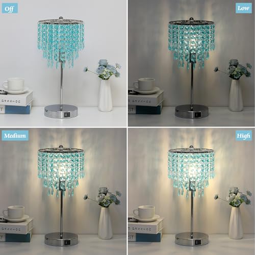 Touch Control Crystal Table Lamp, 3-Way Dimmable Lamp with USB A+C Ports - color: Light Teal