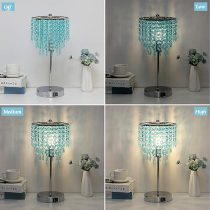 Touch Control Crystal Table Lamp, 3-Way Dimmable Lamp with USB A+C Ports - color: Light Teal