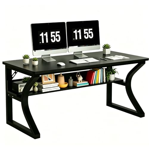 47'' Computer Desk Home Office Desk, Modern Computer Desk w/U Shaped Metal Frame, Storage Shelves, PC Table Study Writing Desk Workstation for Home Office (55inch/Black) - size: 55inch/Black