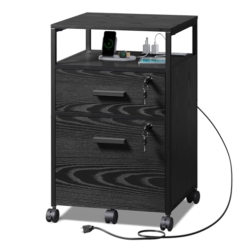 DEVAISE 2 Drawer File Cabinet with Lock and Charging Station | Wood Filing Cabinet fits A4 or Letter Size, Mobile Printer Stand with Open Storage Shelf for Home Office, Black - color: Black, size: 2 Drawer