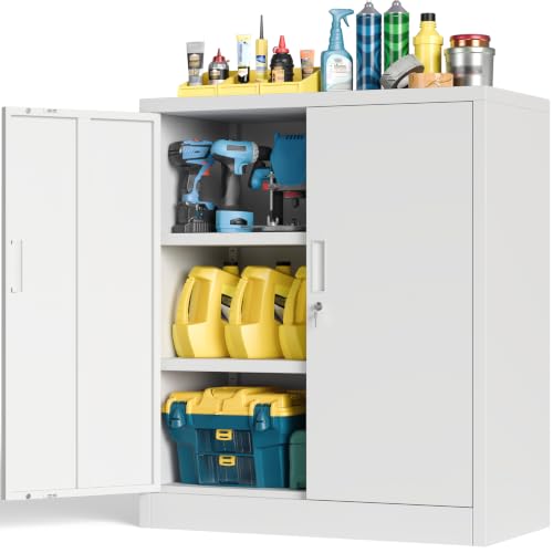 BESFUR Metal Storage Cabinet with Lock and 2 Adjustable Shelves, 36" H Lockable Storage Cabinet for Home, Office, Garage, Utility Room and Basement(White) - color: White, size: 36.2" H x 32" W x 16" D