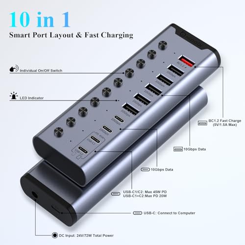 Powered USB Hub, Individual Switches and 24V/3A Power Adapter - color: Gery