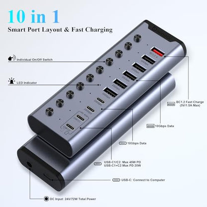 Powered USB Hub, Individual Switches and 24V/3A Power Adapter - color: Gery