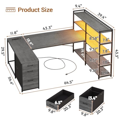 SEDETA Reversible Corner U Shaped Computer Desk with 3 Drawers - color: Grey