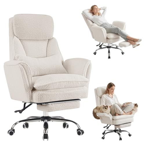 Criss Cross Office Chair with Armrests & Wheels, Big and Tall Office Chair with Footrest, Flip Armrests for Pets, Wide Seat Cross Legged Desk Chair, Ergonomic Computer Chair, Teddy, White - color: White