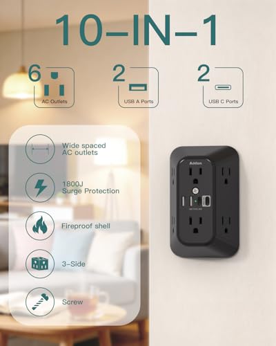 Addtam 6-Outlet Extender Surge Protector, Multi Plug Wall Outlet with 4 USB Wall Charger(PD 30W), Plug Extension Outlet with 1800J, Outlet Splitter Power Strip for Home Office, Black - color: Black 1PCS, size: PD 30W