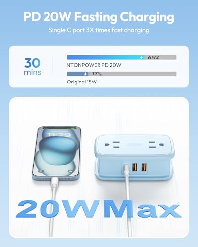 NTONPOWER Blue Travel Power Strip 20W, Travel Essentials 4 Outlets 3 USB(1 USB-C) with 4FT Wrapped Extension Cord Flat Plug, Vacation Essentials for Hotel Travel Camping Cruise Essentials 2026 - size: 1 Pack 4 Outlets 1 USB-C 2 USB-A, style: 20W-Blue