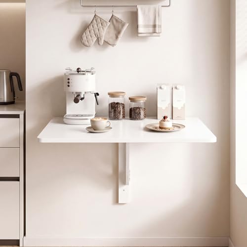 GIANTEX Wall-Mounted Folding Desk, Wooden Floating Laptop Table with Drop Leaf Design, Space-Saving Foldable Wall Desk for Study, Bedroom, Living Room, Laundry (White) - color: White