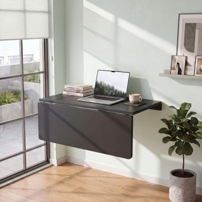 Tangkula 31.5" Wall Mounted Folding Desk, Drop-Leaf Floating Desk with Spacious Surface, Space-Saving Foldable Wall Table for Study, Bedroom, Laundry, Balcony & Small Spaces - color: Black