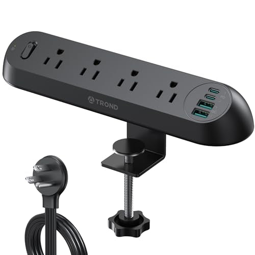 TROND Desk Clamp Power Strip USB C PD 20W, 10ft, 1700J, ETL Listed | Surge Protector with 4 AC Outlets 4 USB Ports, Flat Plug Extension Cord, Fits 1.97 inch Tabletop Edge, for Home Office, Black - color: Black, size: 10FT (4 Outlets & 4 USB Ports)