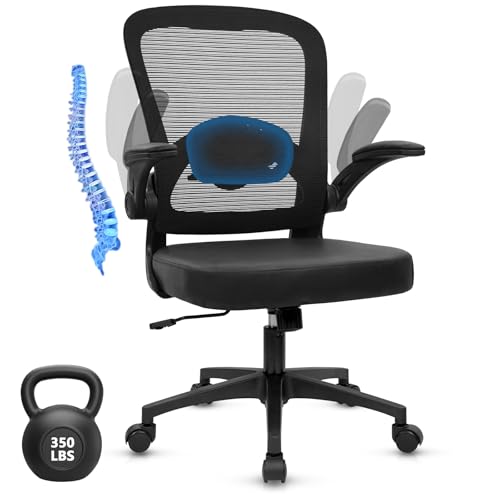 KLASIKA Desk Chairs with Wheels, Ergonomic Mesh Back PU Leather Seat Home Office Chair Adjustable Lumbar Support and Height Swivel Rolling Computer Task Chairs with Flip Up Arms for Conference, Black - color: Black_villy Leather, size: 1PK