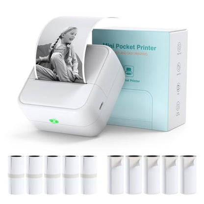 Bisofice Mini Printer with 11 Rolls of Printing Paper 57mm, Mini Pocket Sticker Printer, Portable Thermal BT Photo Printing for Study Notes, DIY, Diary, Pictures, Labels (White) - color: White