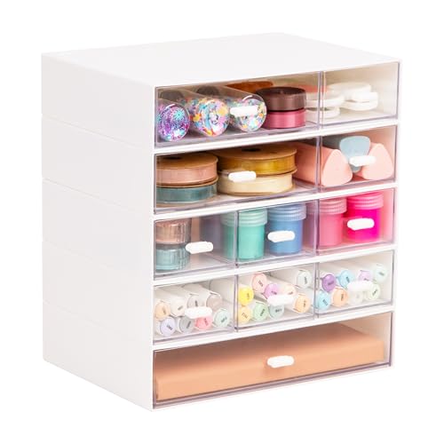 Mind Reader Stackable Craft Organizer with Drawers, Modular Storage Tower, Interlocking Design for Art Supplies, Office Supplies, Sewing, Beads, Plastic, Set of 5, White - color: White Stackable Organizer