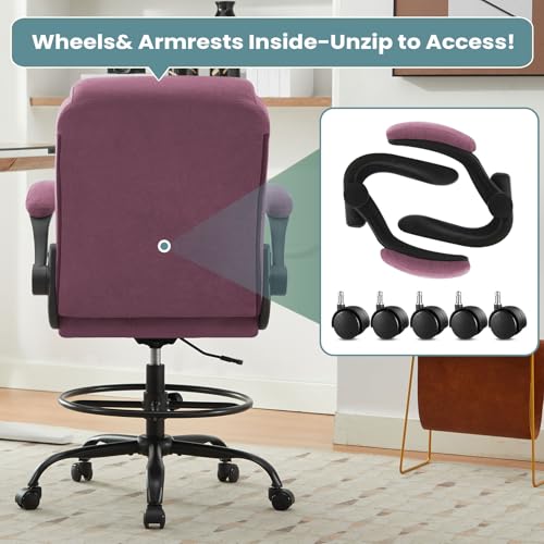 MAHOMICO Drafting Chair for Standing Desk – Tall Office Chair with Adjustable Height & Foot Ring, Flip-Up Arms, Lumbar Support – Comfortable Fabric Seat, Ideal Home Desk Chair - color: Purple