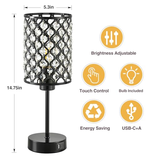 Crystal Table Lamp, Black Touch Lamp with USB C+A Port, 3-Way Dimmable - color: Black, size: 14.75"