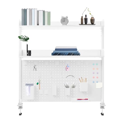 Desk Pegboard, Clamp On Desk Organizer Shelf, Desktop Bookshelf Storage Shelves, Privacy Panel for Home Office Dorm Gaming Desk, Carbon Steel, 39.4" x 37.4", White - color: White