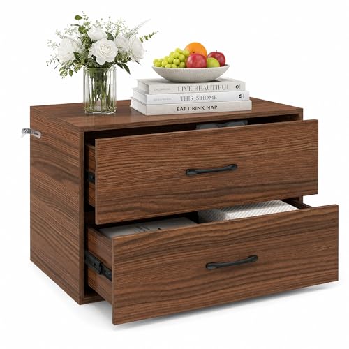 POWERSTONE 2 Drawers Storage Cabinets, Wooden Organizer Filing Chest Entryway Console Table, Modern Under Desk Storage for Living Room, Dorm Room, Home Office (Walnut) - color: Walnut